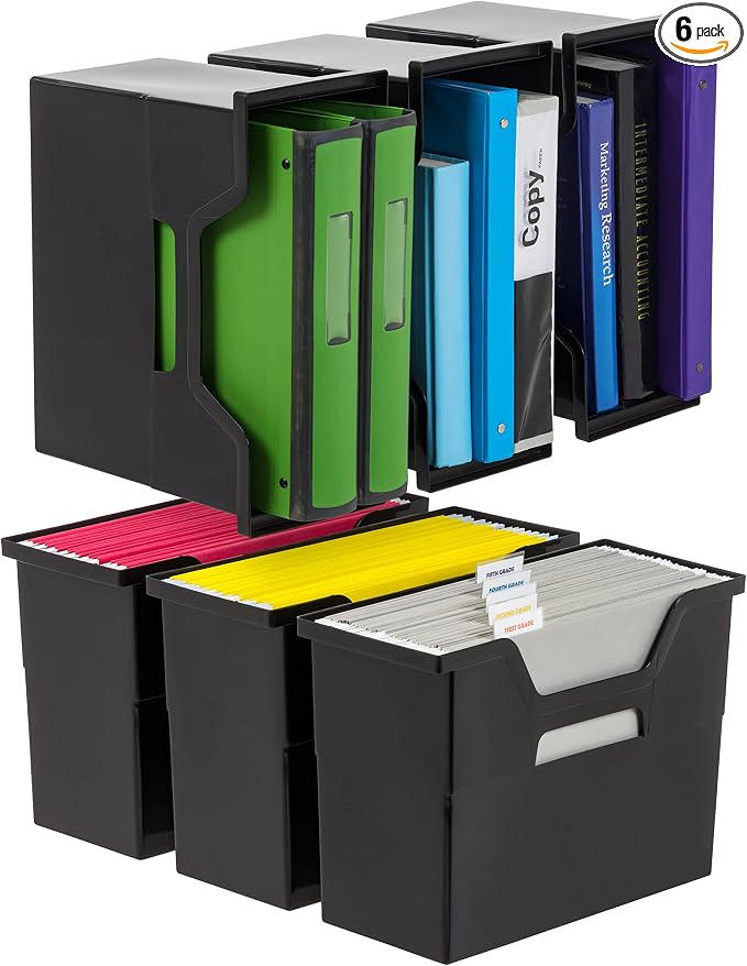 IRIS USA 6-Pack Medium Desktop File Box with Open Lid, Black | Organize paperwork, mail, magazines, and office supplies with portable storage for desks, classrooms, and home workspaces by IRISUSA