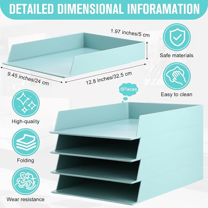 Tatuo 6 Pack Stackable Paper Trays Plastic Letter Tray Desk Organizer Paper Holder Organizer Storage Office Desk Accessories for Classroom Magazine File Documents 12.8 x 9.45 x 1.97, Blue Green - Image 2