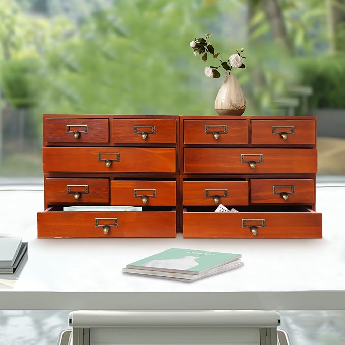 4-Pack Wooden Storage Box with 3 Drawers, Vintage Desktop Organizer Apothecary Cabinet Stackable Drawers with Label Holders for Herb Storage, Tea Collection, Stationery - Image 4