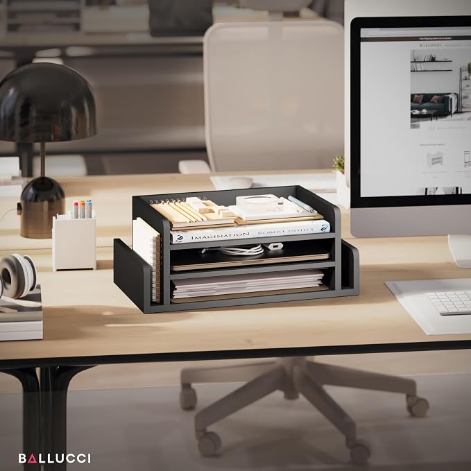 Ballucci 3-Tier Desk Organizer with 2 Side Mail Sorter Slots, Wood Letter Tray, Open Top Paper Organizer, Desktop File Organizer, Black - Image 5