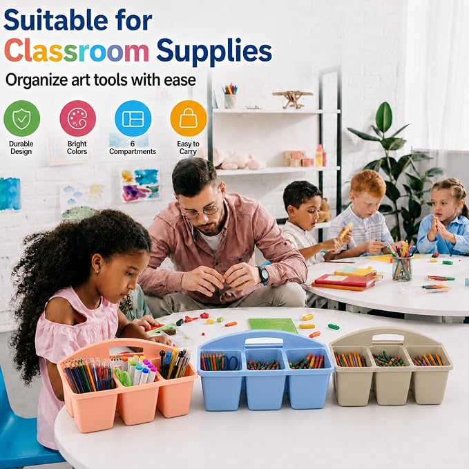 gisgfim 6 Pack Plastic Classroom Caddy with 6-Compartments Plastic Storage Caddies with Handle 6 Compartments Table Caddy Organizer Versatile Table Caddies for Classroom Office Storage, Morandi Color - Image 5