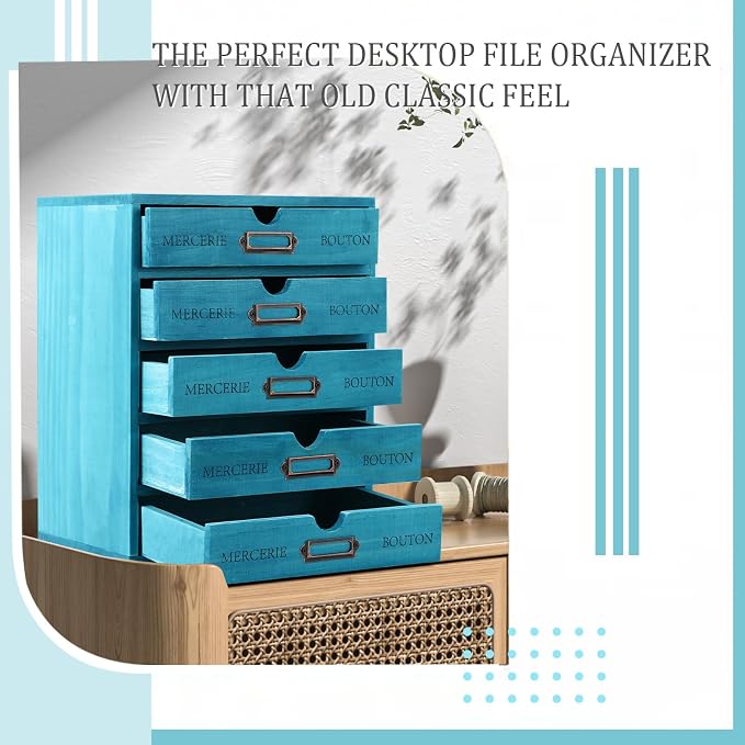 Wesiti 5-drawer Wooden Desk Organizer Blue, Embroidery Floss Thread Organizer Storage, Cottagecore Craft Room Box with Drawers for Art Supplies, Jewelry, Apothecary Cabinet, Stackable - Image 4