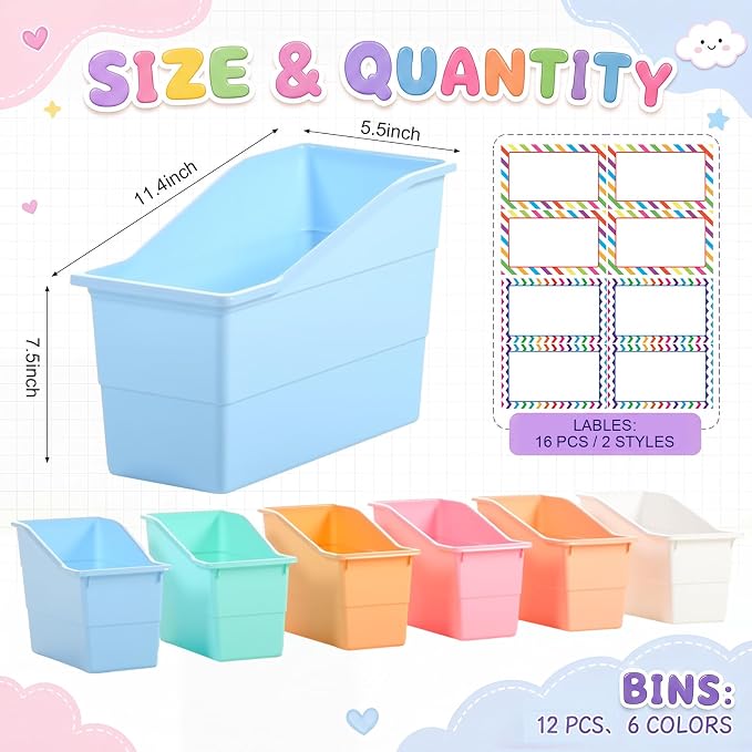 Blosssound 12 Set Book Bins for Classroom with Label Sticker Book Box Baskets Plastic Stackable Organizing Bins Storage & Organization for Classroom Library Home School Supplies (Cloud Pastel) - Image 2