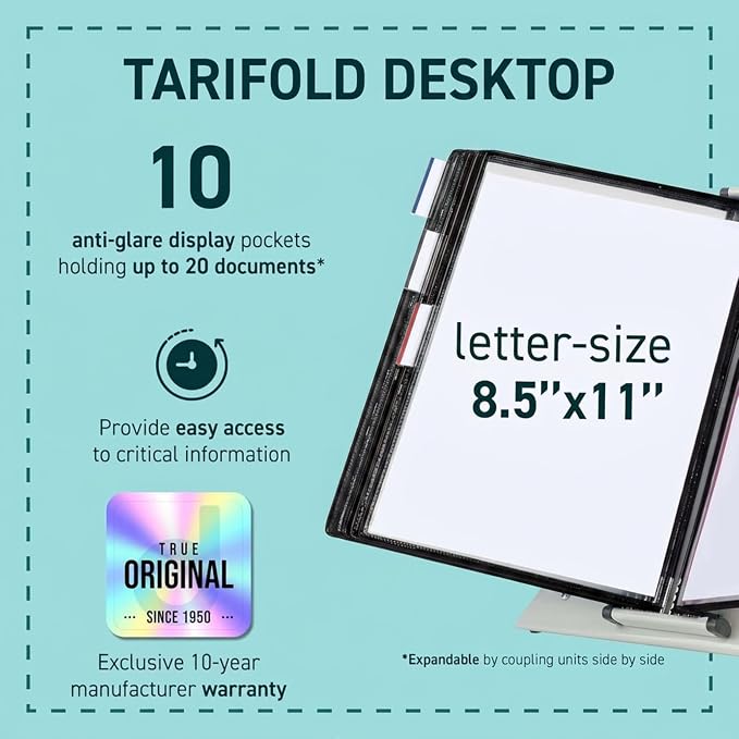 Tarifold Desktop Reference Display System, 10 Pockets, Expandable, Black | 10 double-sided PVC pockets, holds 20 letter-size sheets, sturdy metal base, quick-find indexing, quick and easy to assemble - Image 2