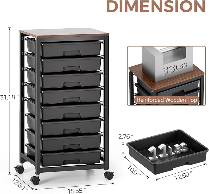 SYKIARIOL Rolling Storage Cart with Drawers, 8 Drawers Utility Cart,Black | Rolling Drawer Cart with Wooden Tabletop,Storage Drawer Cart for Living Room,Classroom,Bedroom,Dorm,Office - Image 3