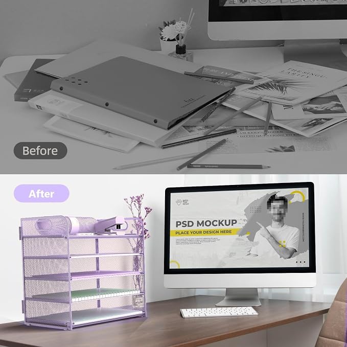 Letter Tray Paper Organizer 5-Tier Desk Organizer File Organizer Paper Holder with Handle, Metal Desktop Document Shelf Tray Office Classroom Organization - Purple - Image 3