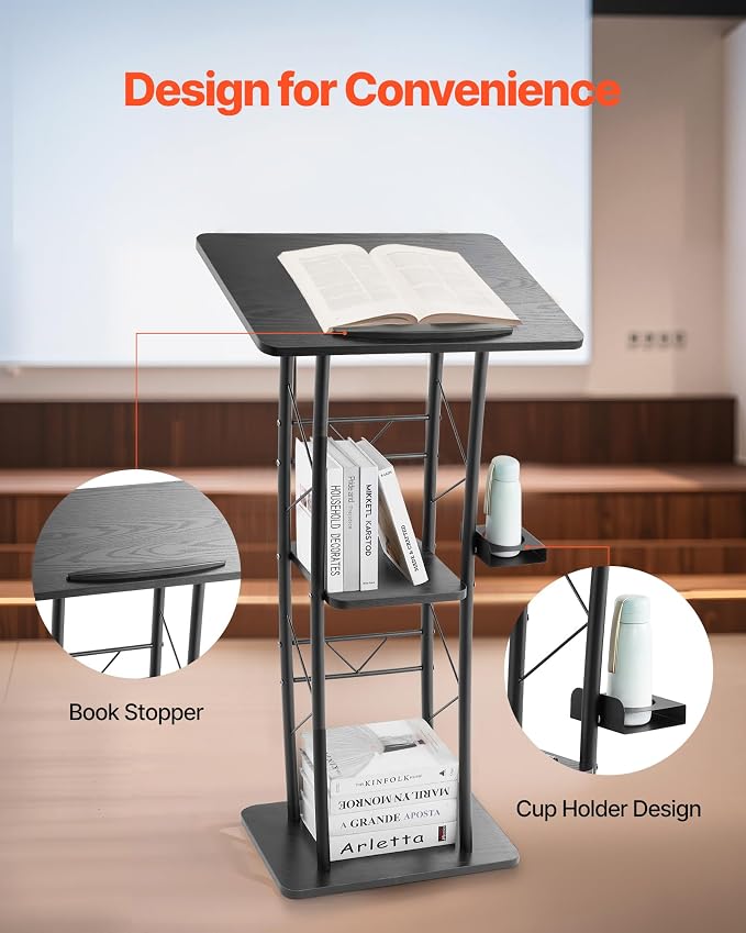 VEVOR Podium Stand, 47-Inch Metal Lectern, Curved Standing Podium with Wide Reading Surface, Open Storage Compartment, Book Stopper, Cup Holder, for Classroom, Wedding, Conference, Speech, and Concert - Image 3