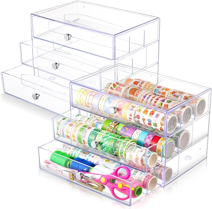 2 Pack 3 Drawer Washi Tape Organizer Plastic Washi Tape Storage Cube Organizer Box 10 x 7 x 6.8 Large Capacity Clear Storage Drawer Holder for Art Craft Embellishments Jewelry Makeup by Wonderjune