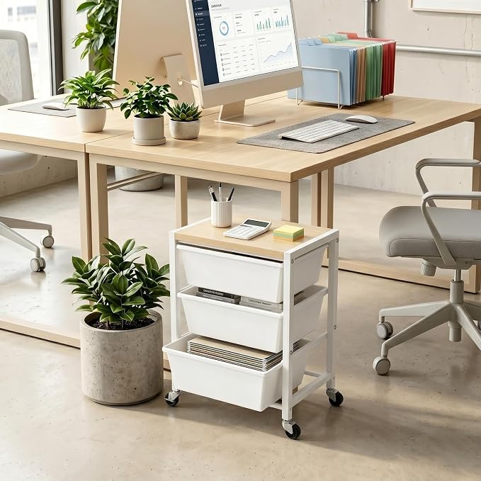 Rolling Cart with 3 Drawers, Plastic Drawer Storage Carts with Lockable Wheels & Wooden Tabletop, Metal Art Craft Utility Cart Organizer for Home Office Bedroom Dorm Bedside Classroom, Bright White - Image 6