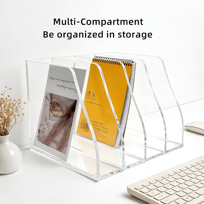 Clear Acrylic Magazine File Holder, 4 Compartment Desk Organizer | 4 spacious vertical compartments hold magazines, files, books & more. 5mm thick clear acrylic, non-slip base. No assembly. - Image 8