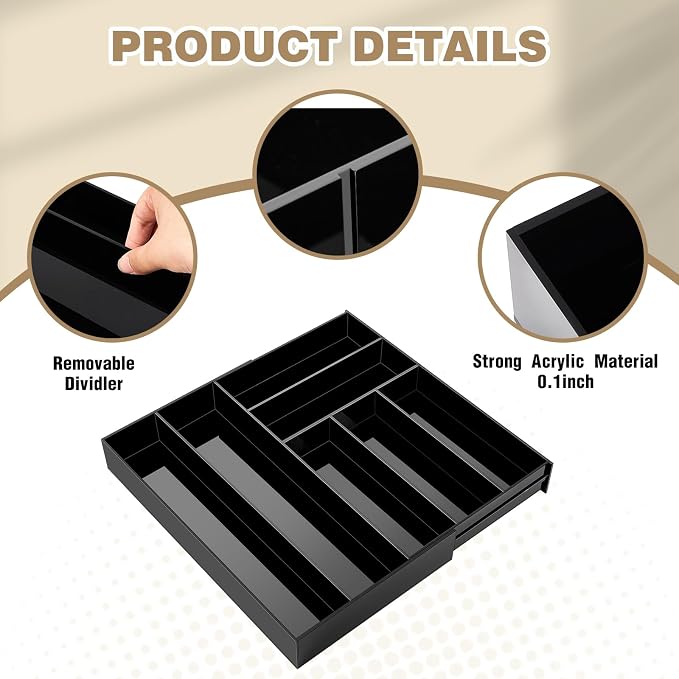 Briwooody Black Acrylic Drawer Organizer Expandable,7 Compartments,Large | 9'' up to 18'' x 12'' x 2.1'' Desk Drawer Organizer Trays Adjustable with Desk Accessories for Makeup Office Bathroom - Image 3