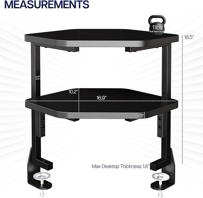 VIVO Corner Clamp-on 17 inch Above or Below Desk 2-Tier Shelving Unit for Table Accessories, Gaming Devices, and More, Storage Desk Attachment Organizer, Black, STAND-SHELF2CR - Image 3