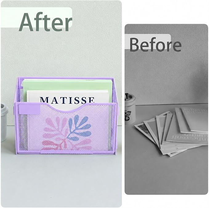 1 Pocket Mesh Wall File Holder Organizer Office Hanging File Folder Magazine Rack, Nametag Label Hooks Set Included (Purple) - Image 5