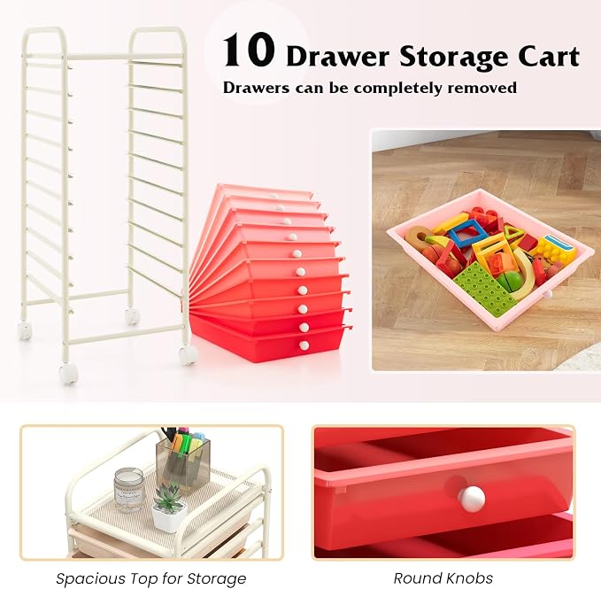 Giantex 10-Drawer Storage Cart w/Universal Wheel, Rolling Cart w/Handle, Home Organizer Storage Unit w/Removable Drawers, Trolley Utility Cart for Kitchen Makeup Living Room Office Play Room - Image 6