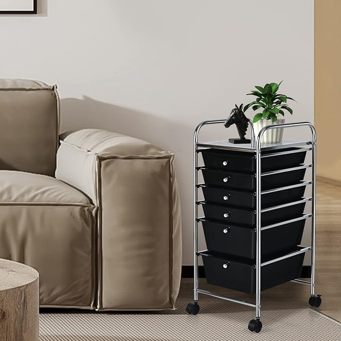 COSTWAY 6-Drawer Rolling Storage Cart, Art Craft Tools Organizer on Wheels | Multifunctional Heavy Duty Utility Mobile Storage Trolley w/ 2 Lockable Wheels for Home Office School (Black) - Image 8
