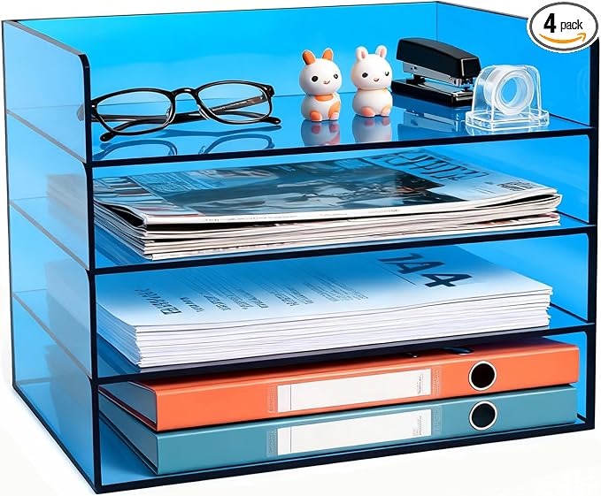 Gelite Acrylic File Organizer for Desk 4 Tiered Stackable Letter Tray Office Paper Storage Desktop Document Sorter, Blue by Gelite