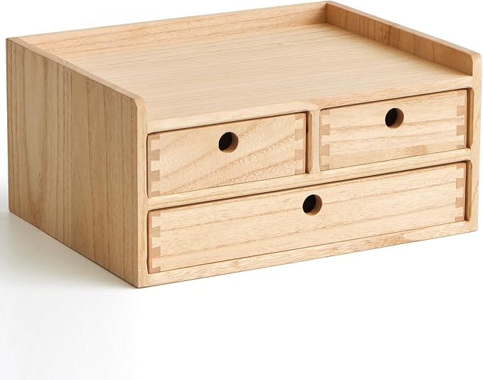 KIRIGEN Wooden Desk Organizer with 3 Drawers and Top Tray Natural DT2D3C-NA | 3-Drawer Cabinet with Top Shelf Stores Papers, Office Supplies, Cosmetics, Crafts, and Small Accessories on Desks or Counters by KIRIGEN