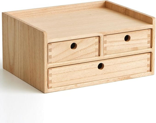 KIRIGEN Wooden Desk Organizer with 3 Drawers and Top Tray Natural DT2D3C-NA | 3-Drawer Cabinet with Top Shelf Stores Papers, Office Supplies, Cosmetics, Crafts, and Small Accessories on Desks or Counters by KIRIGEN
