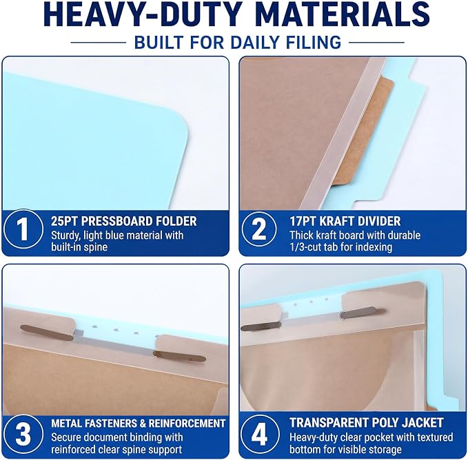 Tinlade 20 Pcs Classification Folder Set Includes 10 Blue Classification Folders with 1 Divider 2" Expansion and 10 Clear Poly File Jackets Letter Size 2 Prong Fasteners for Law Client Medical Files - Image 3