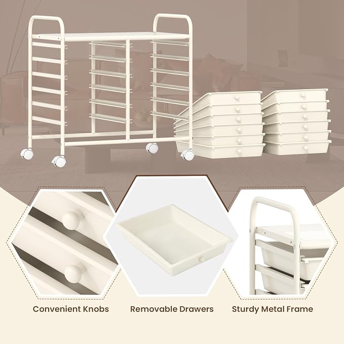 GOFLAME 12-Drawer Rolling Storage Cart, Multifunctional Art Craft Organizer Cart, Mobile Utility Storage Cart with Removable Drawers & Lockable Wheels, Craft Cart for Home Office School, White - Image 6