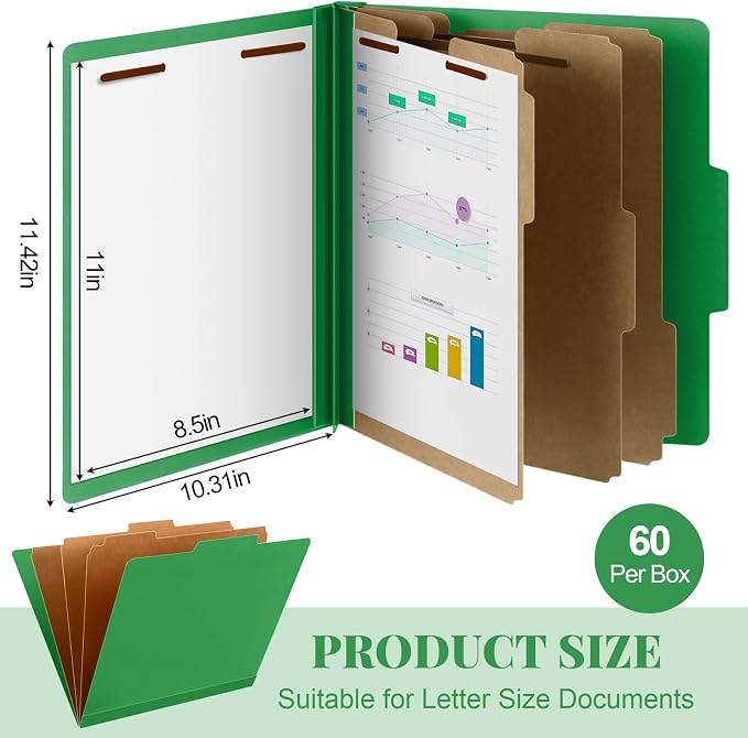 Skyygemm 60 Pcs Classification Folder Letter Size, 3 Divider File,Green | Back to School Supplies, Pressboard File with Fastener, Expanding Organizer Bulk for School Teacher, Office Employee, Staff - Image 2