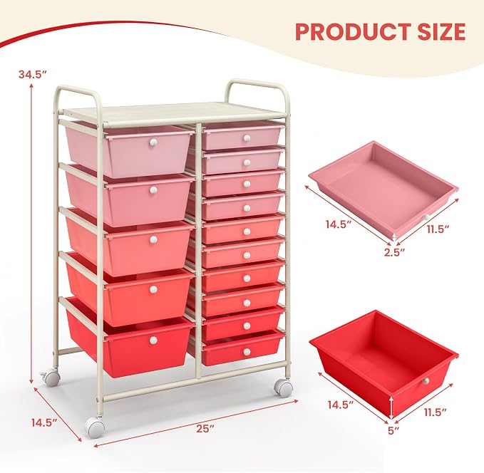 GOFLAME 15-Drawer Rolling Storage Cart, Craft Storage Cart with Removable Drawers & Lockable Wheels, Art Cart Supply Storage Organizer for Home Office Classroom, Pink Gradient - Image 3
