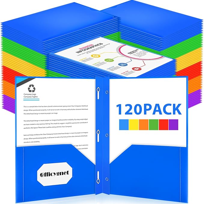 Officygnet 120 Pack 2 Folders with Pockets and Prongs, Heavy Duty Plastic Folder with Clear Front Pocket and Brads, Durable Bulk Assorted Colors File Folders for Office and School Supplies - Image 9