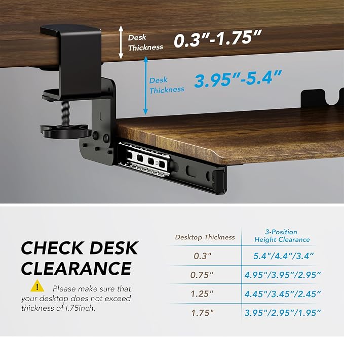 Keyboard Tray Under Desk Pull Out with Extra Sturdy C Clamp Mount System, 32.8 (38 inch Including Clamps) x 12 Inch Slide-Out Platform Computer Drawer for Typing Vintage AX01WG202 - Image 4