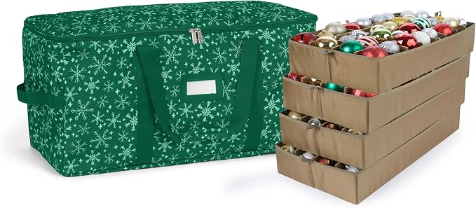 Covermates Keepsakes Adjustable Ornament Storage Bag – Heavy-Duty Polyester, Padded Dividers & FlexGrid Trays – Protective Holiday Ornament Organizer with Handles & Label Window, Green Snowflake by Covermates