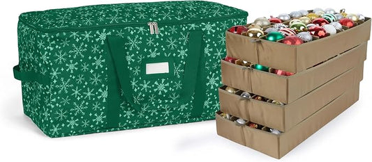 Covermates Keepsakes Adjustable Ornament Storage Bag – Heavy-Duty Polyester, Padded Dividers & FlexGrid Trays – Protective Holiday Ornament Organizer with Handles & Label Window, Green Snowflake by Covermates