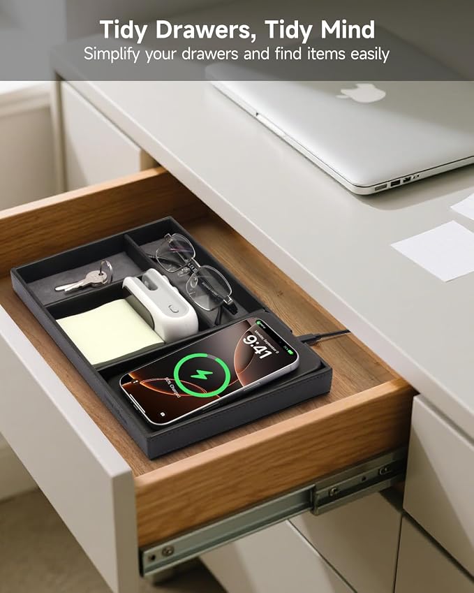 Valet Tray, Built in Wireless Charging Pad, Nightstand Organizer, Two-Toned Premium Vegan Leather Desk Bedside Caddy Organizer Tray for Keys, Watch, Wallet, Jewelry (Black+Gray) - Image 4