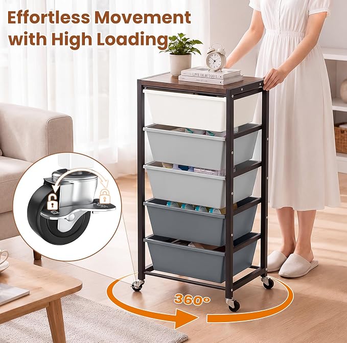 Rolling Cart with 5 Drawers, Plastic Drawer Storage Carts with Wheels & Wooden Tabletop, Metal Utility Cart for Office Bedroom Living Room Classroom, Craft Organization and Storage, Grey - Image 7