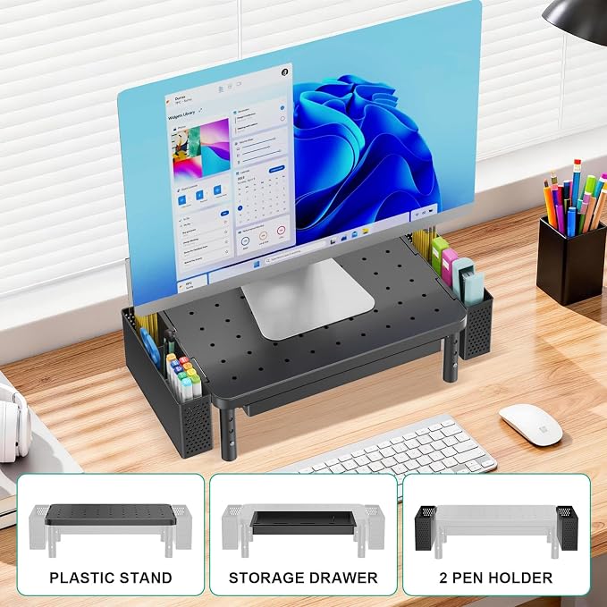 WALI Computer Monitor Stand with Storage, Desk Organizer with Drawer and Pen Holder, Desk Monitor Riser 3 Height Adjustable, Laptop Riser for Computer, Laptop, Printer(PTT003-B), 1 Pack, Black - Image 8