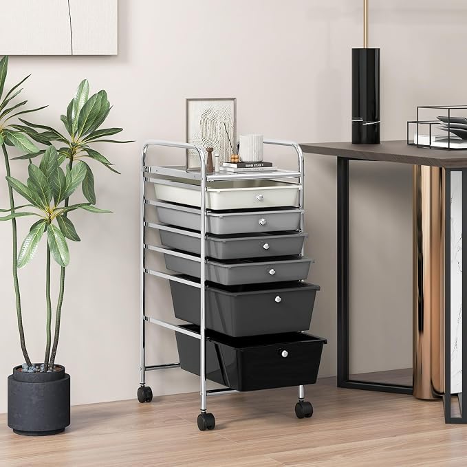 COSTWAY 6-Drawer Rolling Storage Cart, Art Craft Tools Organizer on Wheels | Multifunctional Heavy Duty Utility Mobile Storage Trolley w/ 2 Lockable Wheels for Home Office School (Mixed Black) - Image 8