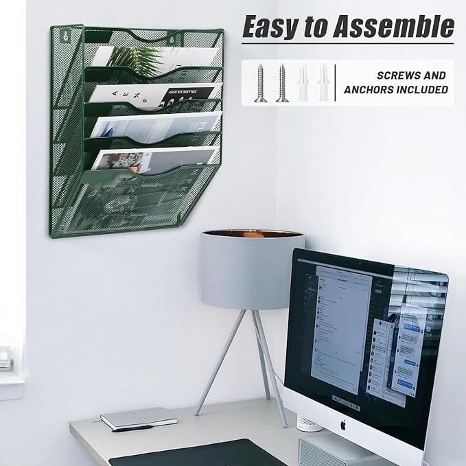 5 Pocket Mesh Hanging File Organizer, Wall Mounted Mail Paper Document Folder Holder, Clipboard Storage Organization Magazine Rack with Nametag Label for Office Home School, Dark Green - Image 5