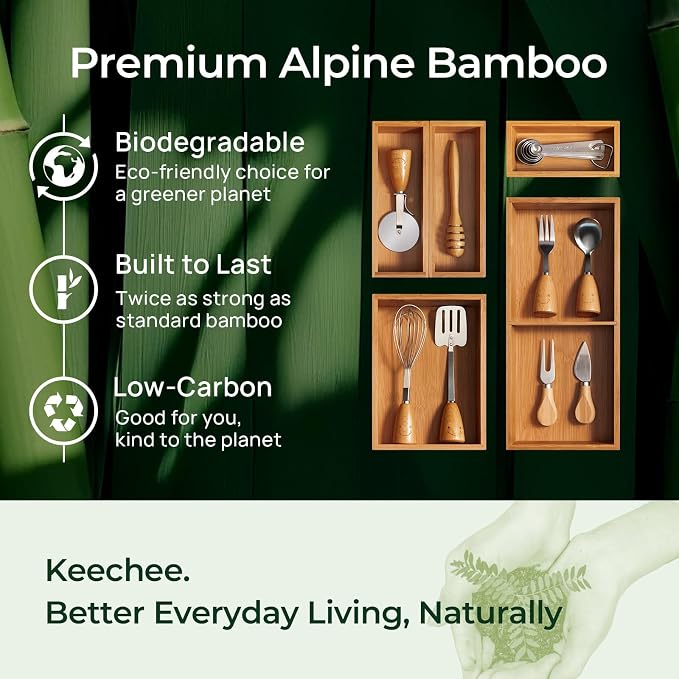 keechee 6-Piece Bamboo Drawer Organizer Set, 2.2" Deep Multi-Use Organizers for Utensils, Silverware, Cutlery, Desk, Bathroom, Junk Drawer & Makeup, Non-Slip Feet Included. - Image 8