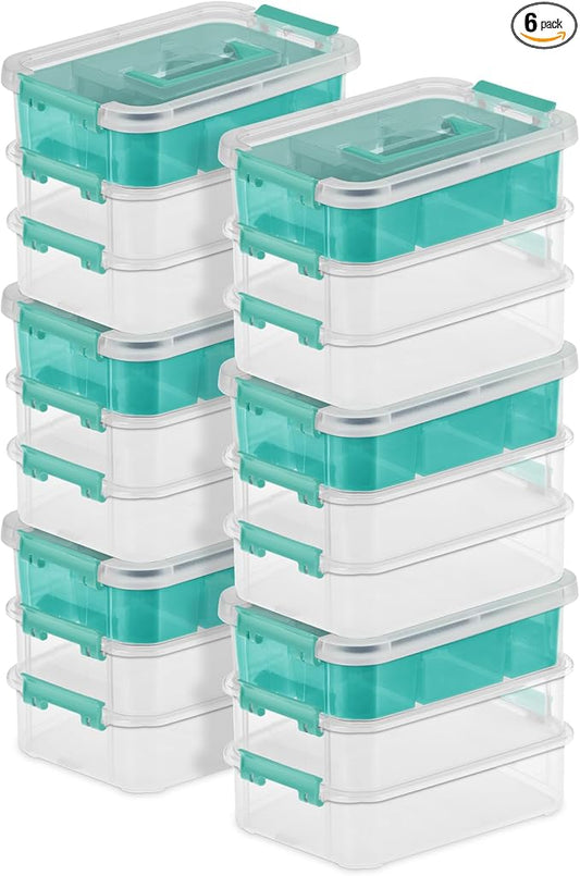 Sterilite 6 Pack Plastic Storage Box Container, 3 Layer, Stack and Carry, Clear/Blue by Sterilite