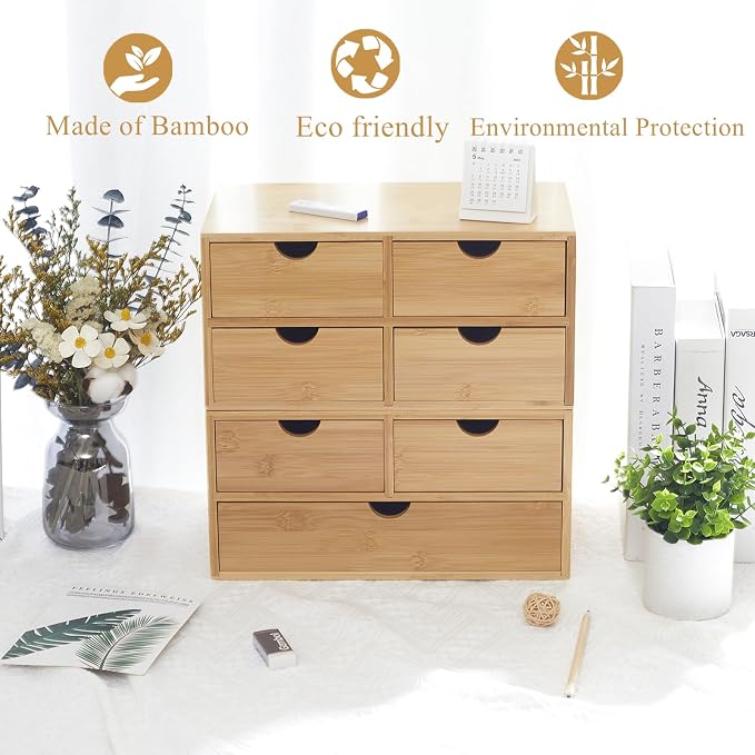 Bamboo Desk Organizer 4 Drawers, Countertop Organizer with Drawers Makeup Storage Drawer 4 Drawers Tabletop Storage Organization Box Home Office Workspace - Image 4