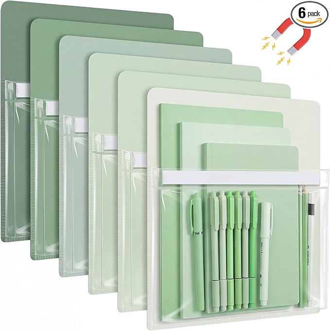 Fuutreo 6 Pcs Magnetic File Holder Colorful Magnetic Pocket Storage Pouch Paper Holder 12 x 9.5 Inch Magnet Pen Dry Erase Marker Organizer for Whiteboard Refrigerator Locker(Sage Green,Vertical) by Fuutreo