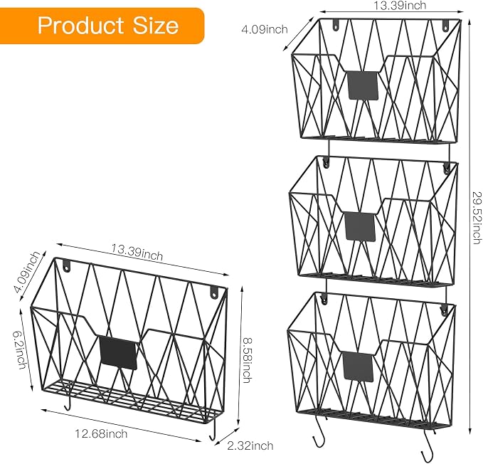 YBING Wall File Organizer Mesh Hanging Wall-mount Files Holder 6 Pack Hanging Wire Magazine Rack and Mail Holder with Hooks Office Wall Organizer for Papers Folders Files Clipboard Black - Image 5