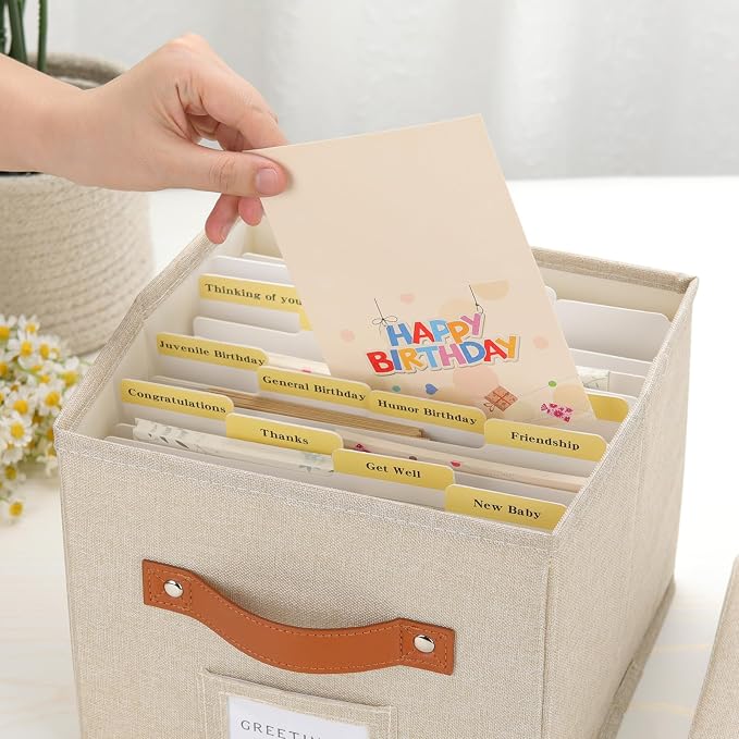 Greeting Card Organizer with dividers - Storage Box with lid Holds 150+ Cards - Assortment Box for Greeting Cards,Recipes, Photos, Envelopes, Keepsake - 9 x 9 x 7 Inches (Beige, 2 pcs) - Image 6