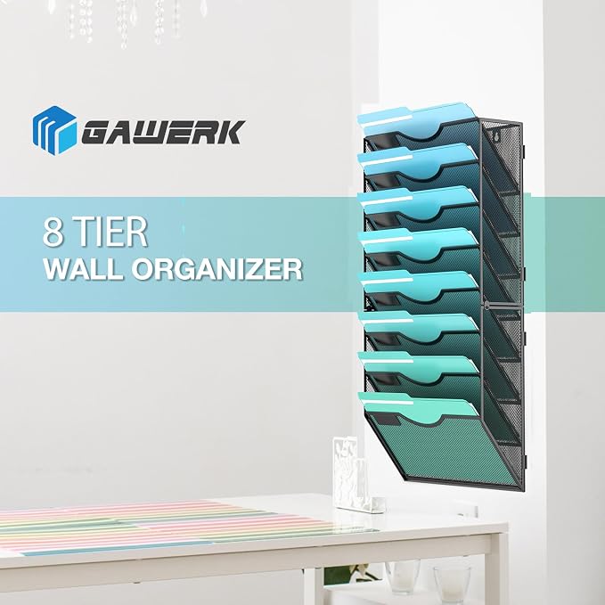 Gawerk 8-Tier Wall File Organizer Hanging Wall File Holder Wall Mount Paper Folder Organize, Mesh Magazine Document Mail Organizer Wall Organizer for Office School Home, Black - Image 5