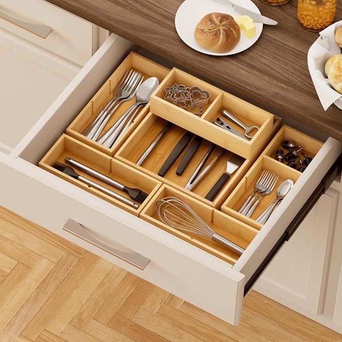 Lifewit Drawer Organizers 5 Pack(11 Grid) with 6 Inserts | Adjustable Bamboo Wooden Trays for Utensils, Silverware, Makeup, Kitchen, Bathroom, Office, Vanity Storage - Image 9
