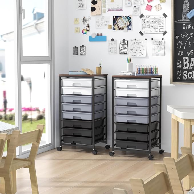 SYKIARIOL Rolling Cart with Drawers,8 Drawers Utility Cart,Grey Gradient | Craft Organizers and Storage with Wooden Tabletop for Living Room,Classroom,Bedroom,Bathroom,Dorm,Office - Image 6