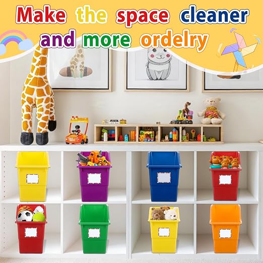 gisgfim 12 Pack Large Book Bins with Labels (Rainbow) | Durable Plastic,Stackable Magazine Organizer,Storage Bins for Classroom,Library,Office,Bookshelf Categorization - Image 6