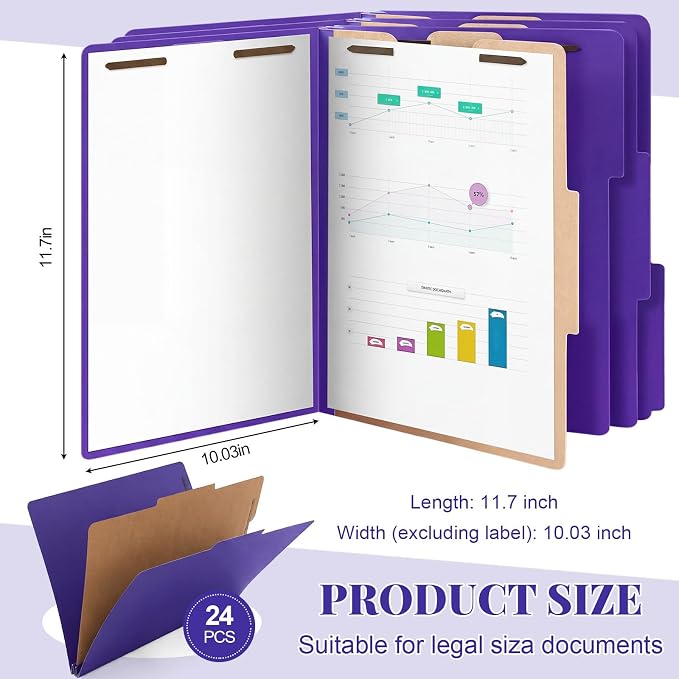 AmazingSpark 24 Pack Purple Classification Folders Letter Size, 1 Divider, 1/3-cut Tab, File Folders with Fasteners, Prongs, Expanding File Organizer Bulk for Office Employee, Coworker, Staff - Image 2