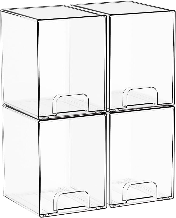 7.5" High Stackable Storage Bins,4 Pack Bottle Station and Baby Bottle Storage Organizer for Countertop,Clear Acrylic Drawers for Pacifier,Breast Pump Parts,Storage Containers,Makeup and Lotion - Image 9
