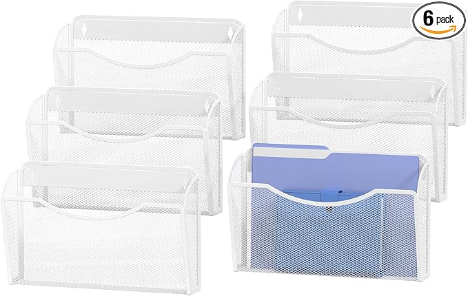 MINDEPOT Wall File Organizer, Hanging Wall File Holder, 6 Pack, Black | Heavy Duty Iron, Metal Mesh Wall Mount, Single Pocket, Mail Organizer, for Office School Classroom Home, Letter A4 Size by MINDEPOT