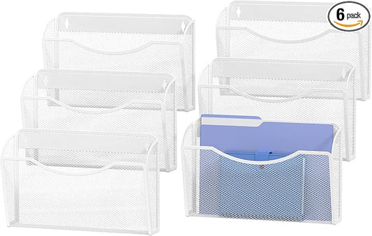 MINDEPOT Wall File Organizer, Hanging Wall File Holder, 6 Pack, Black | Heavy Duty Iron, Metal Mesh Wall Mount, Single Pocket, Mail Organizer, for Office School Classroom Home, Letter A4 Size by MINDEPOT