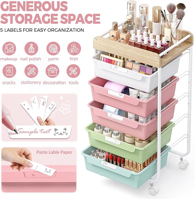 Utility Cart with 5 Drawers, Art Cart for Teacher Kid, Colorful | Rolling Storage Cart for Crafters Artists Student Storage Arts Crafts & Study Supplies in Craft Room Dorm Classroom Kids Room - Image 6